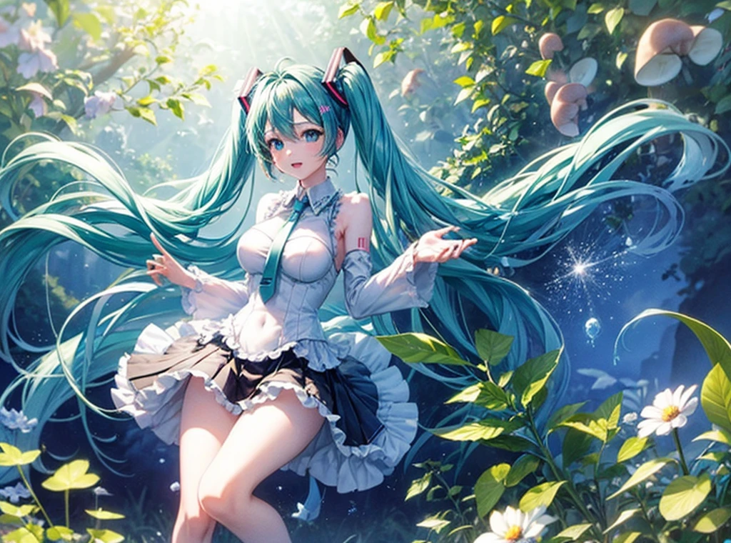 Full body description､Hatsune Miku singing in a shining blue and green forest､The background is dotted with glowing mushrooms and glowing plants.、Soap bubbles are flying around Hatsune Miku､The costumes are designed with forest elements、The ground is accented with leaves and flowers.､The sunlight from the sky shines on her like a spotlight。Wearing a light blue dress､Anatomically correct body､((Large Breasts))､long slender legs､White skin､Hatsune Miku is reaching out to a little fairy flying in front of her､