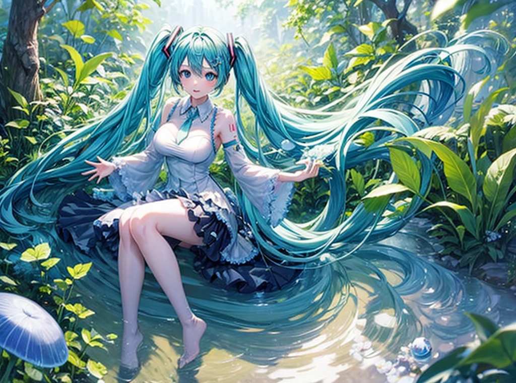 Full body description､Hatsune Miku singing in a shining blue and green forest､The background is dotted with glowing mushrooms and glowing plants.、Soap bubbles are flying around Hatsune Miku､The costumes are designed with forest elements、The ground is accented with leaves and flowers.､The sunlight from the sky shines on her like a spotlight。Wearing a light blue dress､Anatomically correct body､((Large Breasts))､long slender legs､White skin､Hatsune Miku is reaching out to a little fairy flying in front of her､