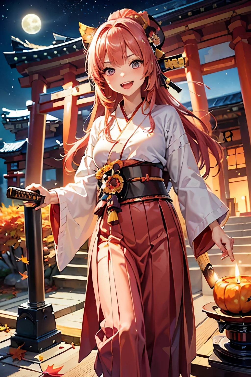 best quality, (masterpiece:1.3), absurdres, highres,16k, ultra high res, official art, illustration,extremely detailed, 1girl, solo, full body, 20yo, 
delicate lines tailed face, (long hair1.2), (straight hair1.8), (beautiful (coral pink) hair:1.2), (shiny hair:1.2), (beautiful (gold) eyes:1.2), (shiny eyes:1.2), (small breasts), (gleaming skin:1.4),
looking at viewer, (cowboy shot:1.5), standing, laugh with open mouth,
 ((samurai:1.5)), (long hakama skirt:1.2), (wooden katana:1.3), (flower hair ornament:1.1)
 (japanese shrine:1.5), (((night))), ((moon)), (japanese candle:1.5), (autumn leaves:1.5)
