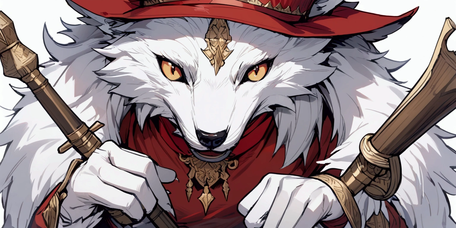 A white wolf wearing a red top hat, white background full of fantasy writing, RPG, detailded, the wolf is looking at the viewer