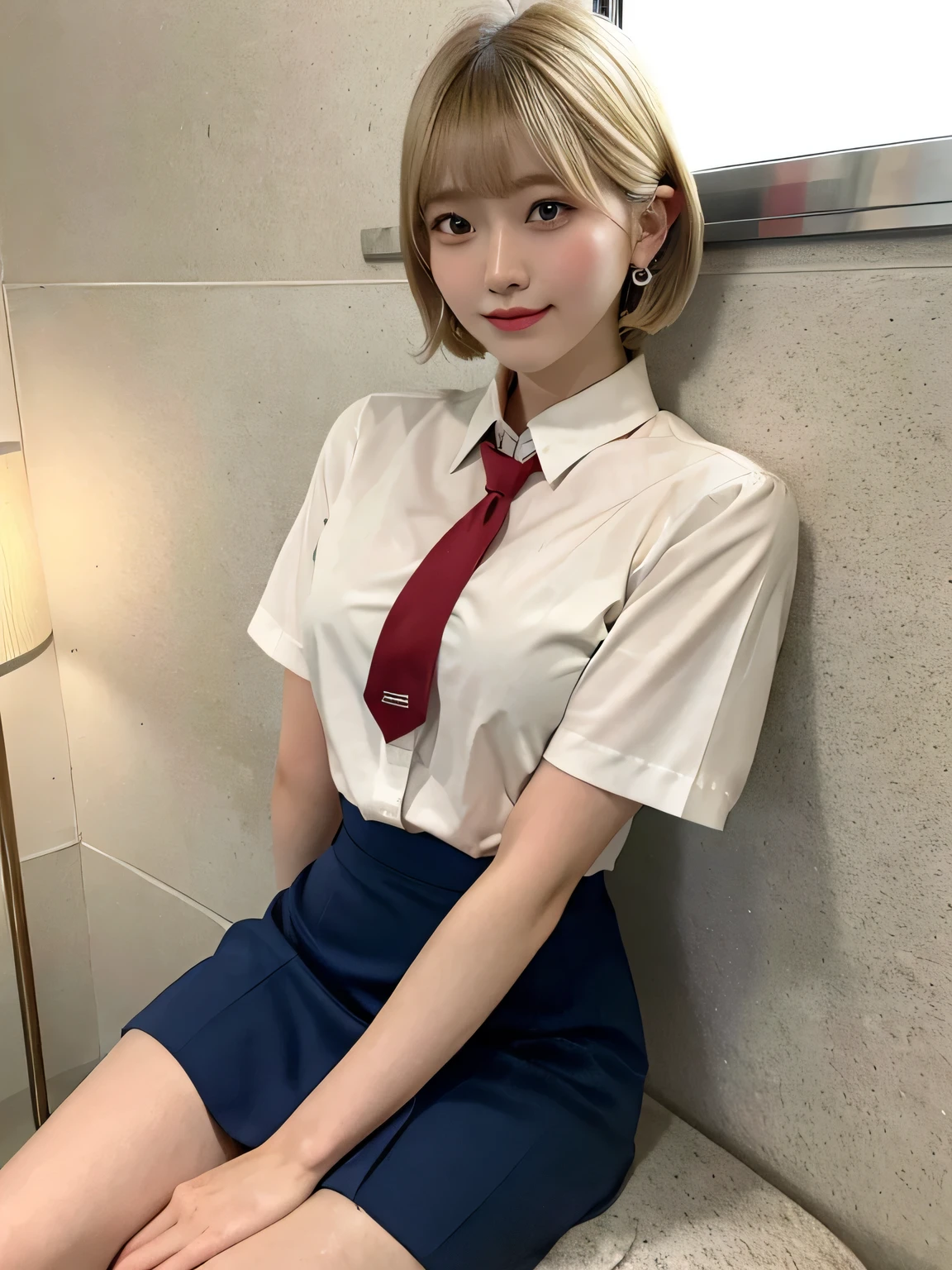 Japanese Girls、、((Blonde))、Short Bob Cut、Earrings、bangs、Brown eyes、Perfect figure、Transparency、Gloss、Glamorous breasts、、Red tie、White shirt、Navy Blue Skirt、Hirotake、Burning body、Gravure idol pose、Blue Wall、Beautiful feet、Strong sunlight、dirty、雨にWet体、Wet,I can see your thighs、smile
