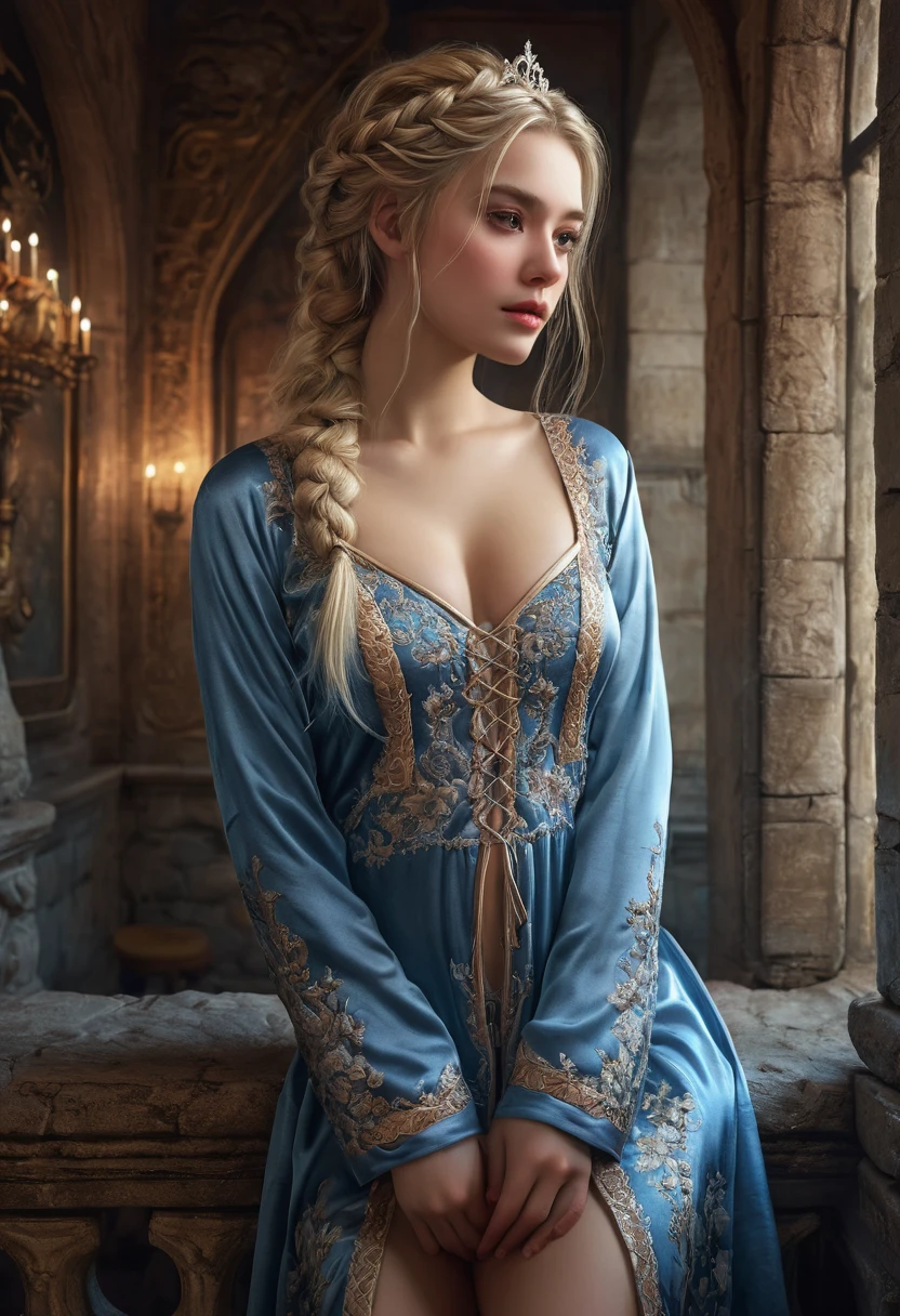 gorgeous princess, beautiful blond braided hair, wearing exquisitely crafted nightwear, alluring, standing in the interior of an old castle, realistic, insanely detailed full body portrait photography, intricate and hyperdetailed painting by Ismail Inceoglu Huang Guangjian and Dan Witz CGSociety ZBrush Central fantasy art album cover art 4K 64 megapixels 8K resolution HDR
