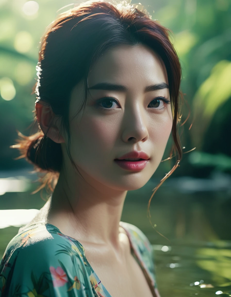 A beautiful cute Japanese woman, still from the film, (Anne Hathaway look alike face: 0.7), Realistic,big chest,Jungle,pond,partially submerged in water,cool colors,bright,cinematic,highly detailed,very intricate,stunning,light shining deep clear focus,extremely fine detail,real,emotional,beautiful,delicate,sharp,artistic,elegant,calm epic,singular color,coherent,complex,amazing composition,ambient,shiny,vibrant,imposing,Contax 645 + Zeiss Planar T 80mm f/2, Rollei Crossbird 200 film, bokeh, rim lighting, silhouette, shallowed depth of field, dynamic hands up,