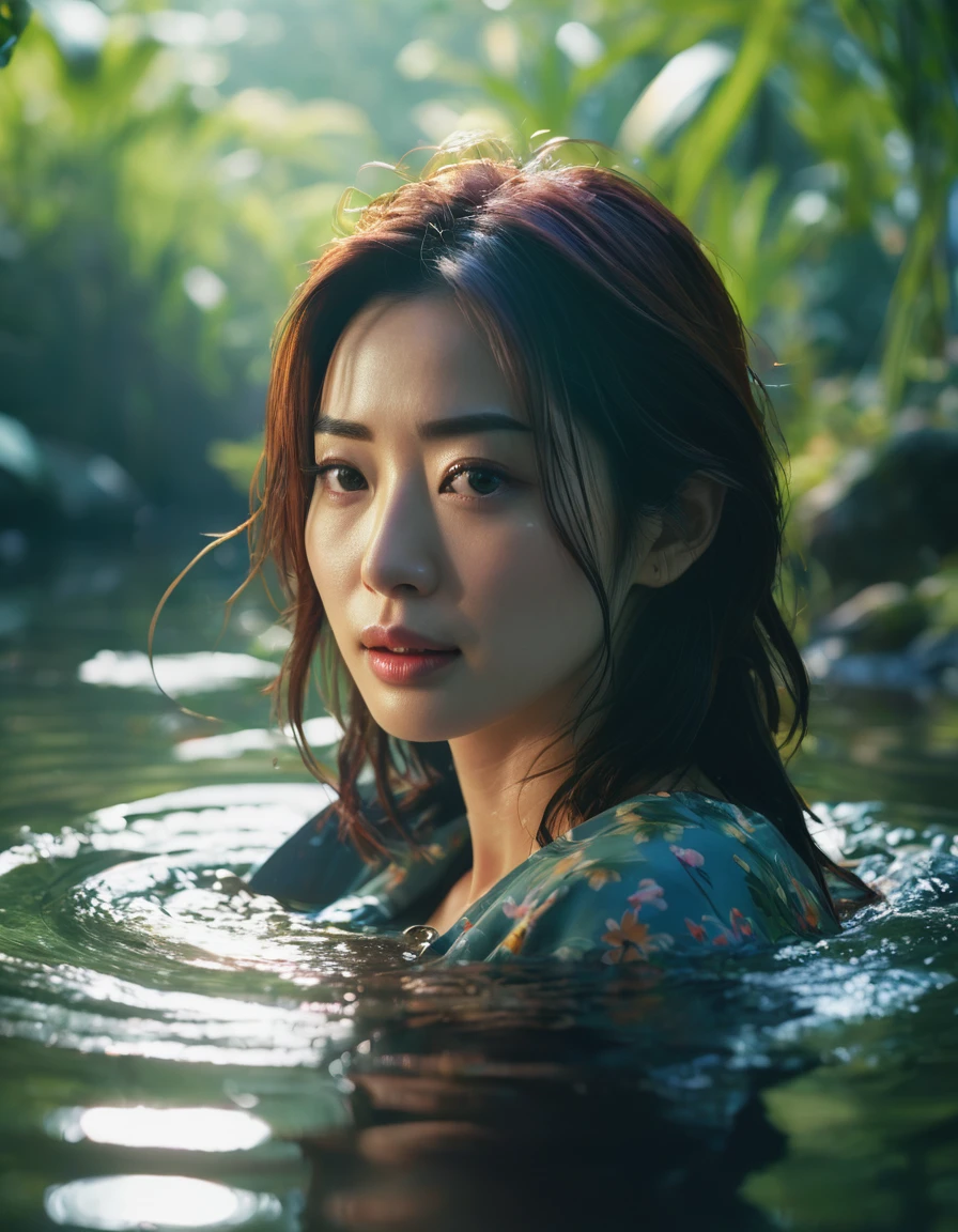 A beautiful cute Japanese woman, still from the film, (Anne Hathaway look alike face: 0.7), Realistic,big chest,Jungle,pond,partially submerged in water,cool colors,bright,cinematic,highly detailed,very intricate,stunning,light shining deep clear focus,extremely fine detail,real,emotional,beautiful,delicate,sharp,artistic,elegant,calm epic,singular color,coherent,complex,amazing composition,ambient,shiny,vibrant,imposing,Contax 645 + Zeiss Planar T 80mm f/2, Rollei Crossbird 200 film, bokeh, rim lighting, silhouette, shallowed depth of field, dynamic hands up,