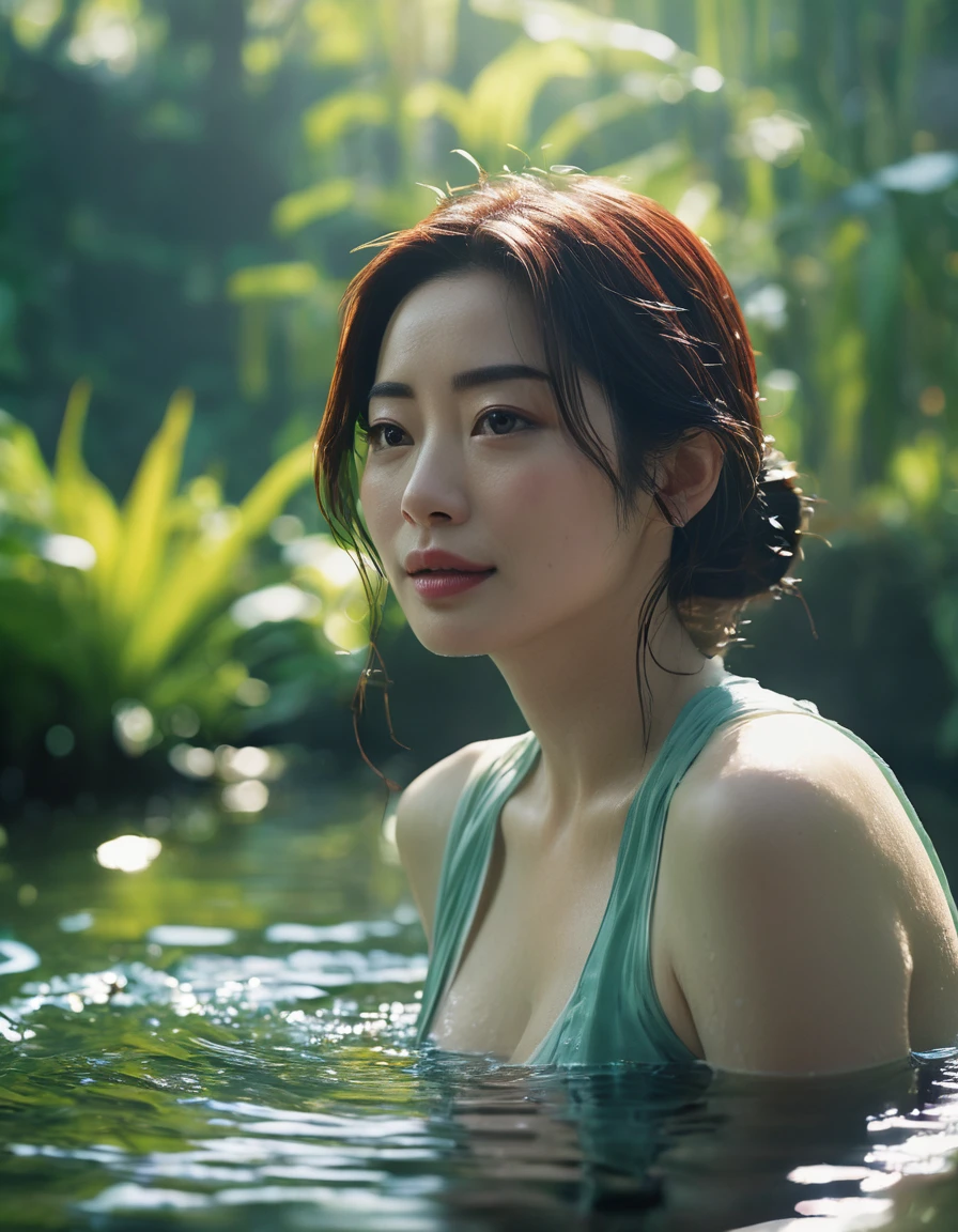A beautiful cute Japanese woman, still from the film, (Anne Hathaway look alike face: 0.7), Realistic,big chest,Jungle,pond,partially submerged in water,cool colors,bright,cinematic,highly detailed,very intricate,stunning,light shining deep clear focus,extremely fine detail,real,emotional,beautiful,delicate,sharp,artistic,elegant,calm epic,singular color,coherent,complex,amazing composition,ambient,shiny,vibrant,imposing,Contax 645 + Zeiss Planar T 80mm f/2, Rollei Crossbird 200 film, bokeh, rim lighting, silhouette, shallowed depth of field, dynamic hands up,