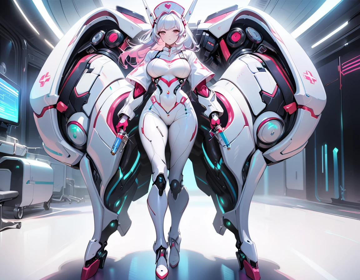 a picture of mech nurse in a futuristic hospital, exquisite beautiful nurse,  dynamic hair style, ((full body shot: 1.5)), ((anatomically correct: 1.5)), (ultra detailed face: 1.2), best detailed face, wearing white nurse robes, white pants, white high heels, delicate mechanical parts, (she holds a syringe: 1.3), cyberpunk hospital background, vibrant, Hyperrealism style, vibrant, Ultra-high resolution, High Contrast, (masterpiece:1.5), highest quality, Best aesthetics), best details, best quality, highres, ultra wide angle, 16k, [ultra detailed], masterpiece, best quality, (extremely detailed) RAW, mecha