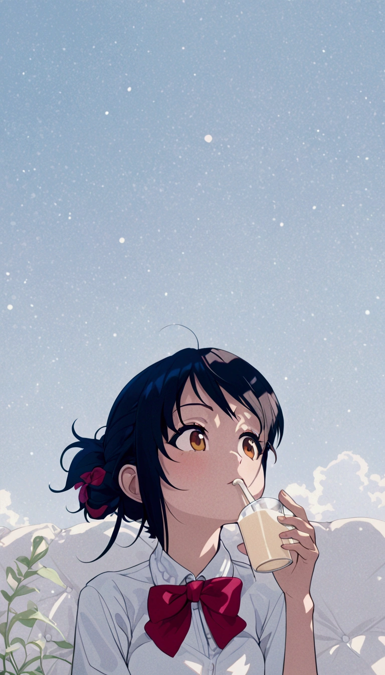 anime girl, drinking milk, cute girl, energy drink, anime style, lofi girl, official art, lofi, straw, anime moe artstyle, hyper detailed, high quality, intricate details, 4k, photorealistic, masterpiece, vibrant colors, warm lighting, soft focus, elegant, graceful, peaceful expression, flowing hair, delicate features, glass of milk, straw, sitting on a couch, cozy room, natural daylight, clean lines, soft edges, dreamlike atmosphere