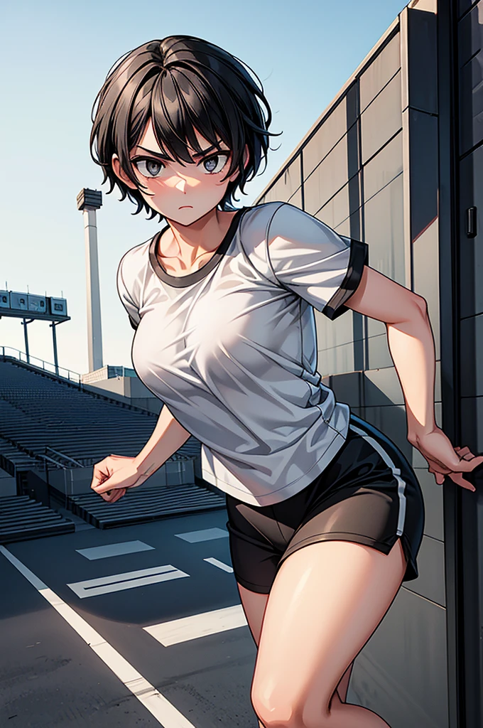 1 men, with short black hair, gray eyes, with a determined face, in loose t-shirt, on the stadium, half body, high res, ultrasharp, 8K, masterpiece,