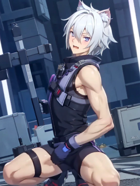 1 young person,alone,18-year-old,male,Shocked facial expression,blush,good looking,White hair Blue eyes,Purple eyes, Cat ear　Side view　Kneeled　Open your mouth and scream　suffer　Sleeveless, wistful expression　Exposure to electricity　Get it