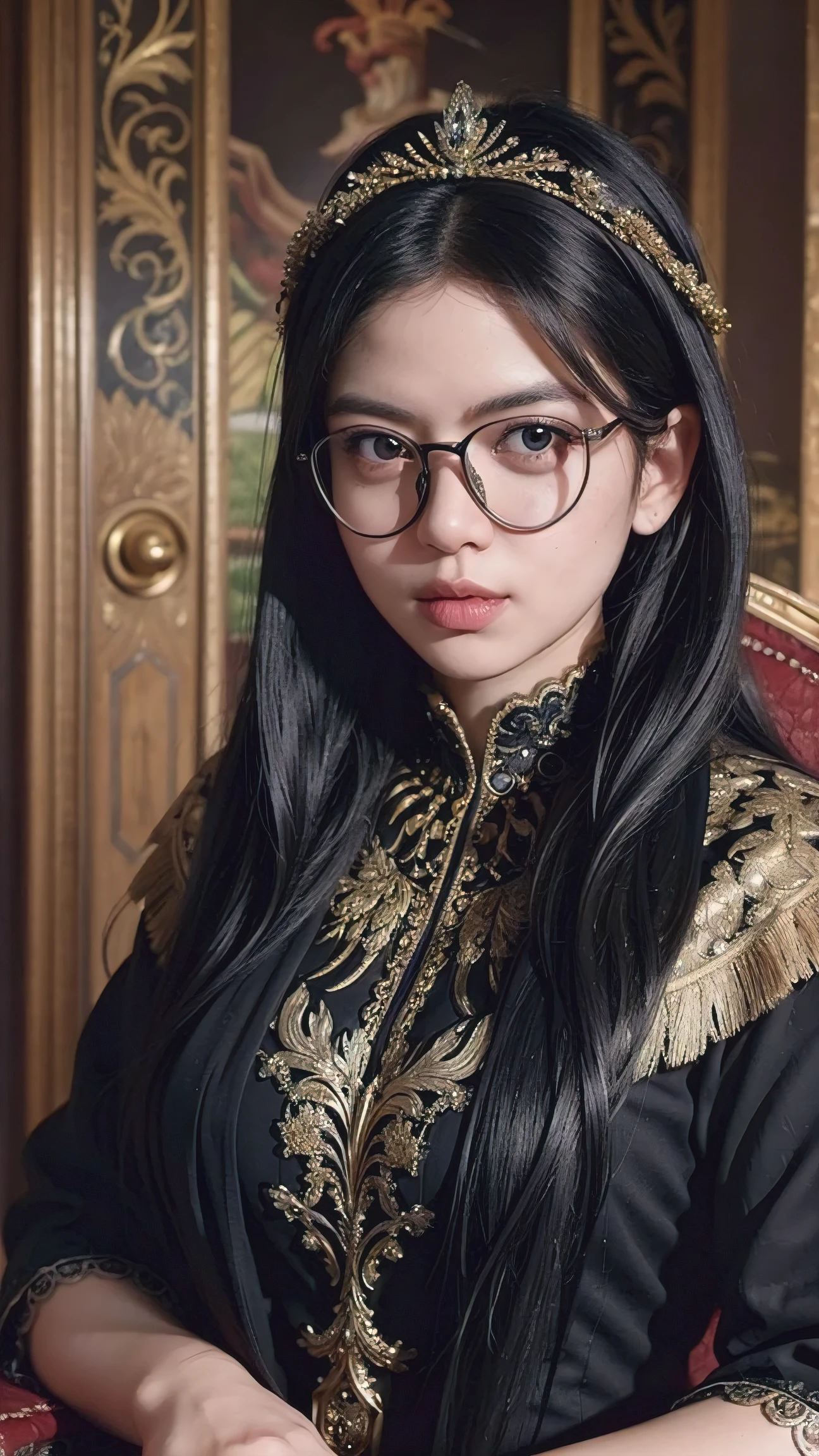 A beautiful Quuen, sitting on the throne, detailed eyes, Glasses, detailed lips, extremely detailed face, long eyelashes, luxuary queen gown black and gold, confident and fierce expression, fire light glow on her, artistic oil painting style, high resolution masterpiece:1.2, rich colors, dramatic lighting.