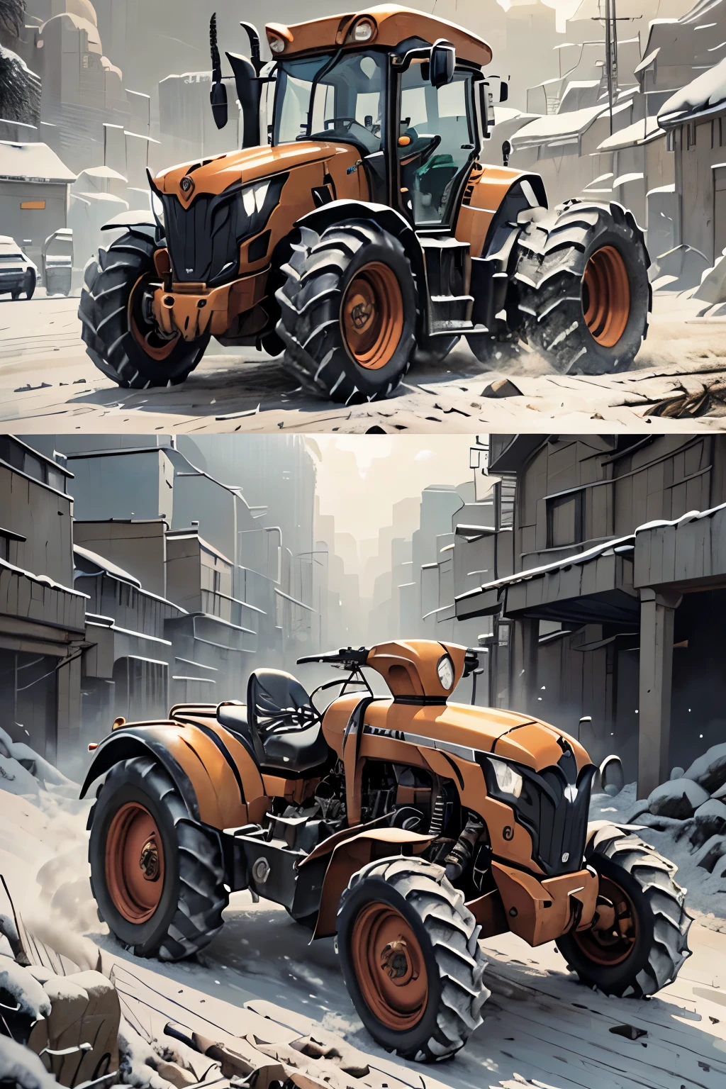 six-wheel tractor (v4) - This high-quality, meticulously detailed machine boasts ultra-high resolution images that showcase its every screw and bolt. The tractor's resilient six wheels are depicted in photorealistic detail, their texture and pattern exquisitely rendered. The cab, adorned with modern features, gleams under cinematic lighting, creating an almost ethereal effect. The tires, filled with air and treads impressively carved, convey a sense of power and reliability. The vehicle's size is sufficiently proportionate, and its objective appearance is enhanced with vivid colors and high-quality textures. Overall, this six-wheel tractor (v