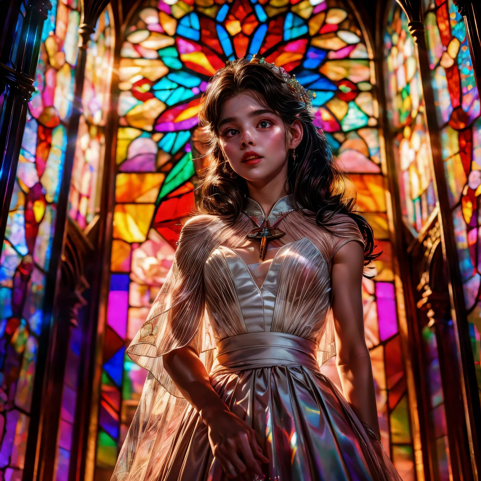 RubyRed (Cathedral from below:1.28) VolumetricLighting (ZoomedOut:1.28) ZoomLayer, TopQuality 8K masterpiece of ((Professional photo)), (((Clarisse de Cagliostro))) (Detailed Delicate White WeddingDresses), Chain, Extremely detailed (KAWAII face) {(VeiledFace)|BlondeHair|(Spanking BuleEyes)}, The background is distant (((Elaborate stained glass))) Rainbow Glass, (MysticSight), GodRays, Radiant PearlSkin with Transparency, (Exposed:0.38)