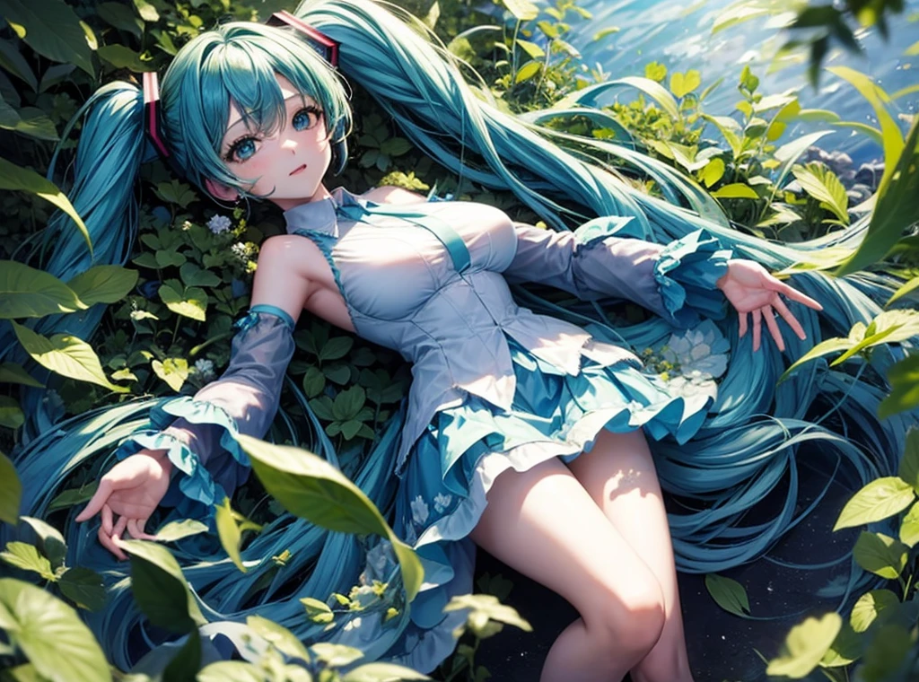 Full body description、Hatsune Miku singing in a shining blue and green forest、The background is dotted with glowing mushrooms and glowing plants.、Soap bubbles are flying around Hatsune Miku、The costumes are designed with forest elements、The ground is accented with leaves and flowers.、The sunlight from the sky shines on her like a spotlight。Wearing a light blue dress、Anatomically correct body、((Large Breasts))、long slender legs、White skin、Hatsune Miku is reaching out to a little fairy flying in front of her、