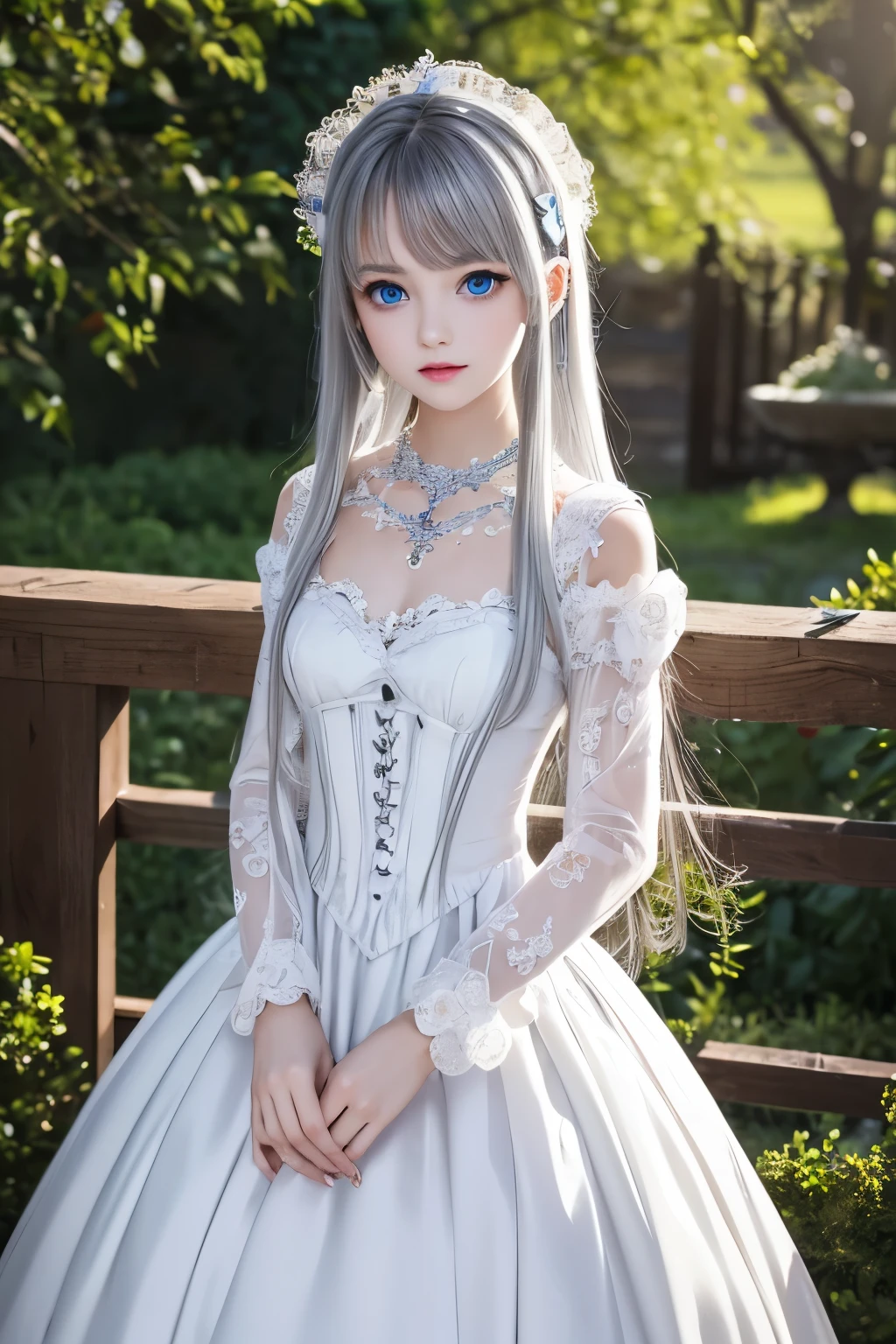 masterpiece,Highest quality,Very detailed,beautiful girl,Gorgeous white gothic lolita dress,Gorgeous necklace, teenager, (full body),Silver Hair,blue eyes,Perfect Face,Beautiful and detailed eyes,Beautiful Skin,skinny,Dynamic,Outdoor,Beautiful flowering garden,Lots of flowers