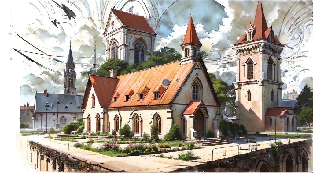 Illustration of a church with a red roof and tower, digital rendering, Artist Impressions, Colorful architectural drawings, Artist Transformation, Architectural Illustration, Impressions of the artist, isometric view, full color illustration, exterior shot, Conceptual rendering, perspective drawing, Drawn image, color illustration, produce: Maximilian Vanka, Conceptual drawings, Concept image, full - view