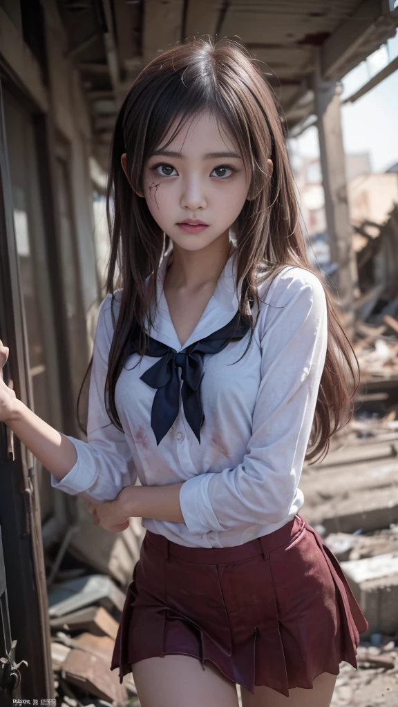 (8k, RAW Photos, Highest quality, masterpiece:1.2), (Realistic, Realistic:1.37), Very detailed, Ultra-high resolution, Monster zombie movie heroine, A beautiful -yeld Jaese high school student、Dely fleeing from zombies in a devastated city., Fearful expression, School uniforms, uniform, Torn, dirty and tattered sailor uniform, Disheveled clothing, Torn cloth, (Clothing with blood stains:1.3), Short pleated skirt, Torn Skirt, Dirty Hair, Dirty Face, Dirty Skin, (bloody skin:1.3), Running through the rubble, Building collapse, Burning Flames, Stunningly beautiful face, Dynamic Angle, Dynamic Lighting, (Detailed eyes and face), (Detailed hands and legs), (Perfect Anatomy)