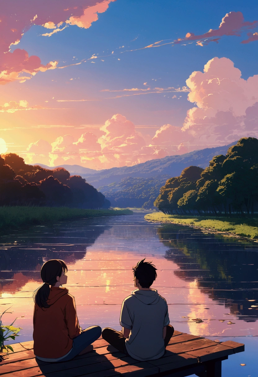 Couple sitting by the river looking at the sky, Digital Art by Alena Aenami, tumbler, Digital Art, Lo-fi art style, 4KAnime Wallpaper, Sit on the roof, Anime Wallpaper4k, Anime Wallpaper 4k, Anime Aesthetics, anime art wallpaper 4k, Lo-fi feeling, anime art wallpaper 4k, Anime Wallpaper