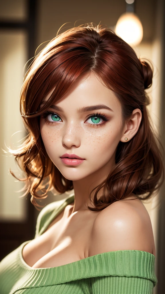 (best quality, 4k, highres, highres face details), Irish girl aged 16 yrs old, 1girl, solo, red hair, long curly hair, parted bangs, messy bun, green eyes, constricted pupils, slim build, (textured skin, skin pores:1.1), large breasts, pale skin, colorful makeup, light freckles, perfect nose, thin lips, fake lashes, pretty face, cute face, wearing an off the shoulder green sweater, cinematic lighting, Ultra-Wide Angle, Canon, Hyperrealism, UHD, masterpiece, textured skin, realistic water texture, high details, best quality, detailed eyes, detailed iris, whole body photo, posing for the camera