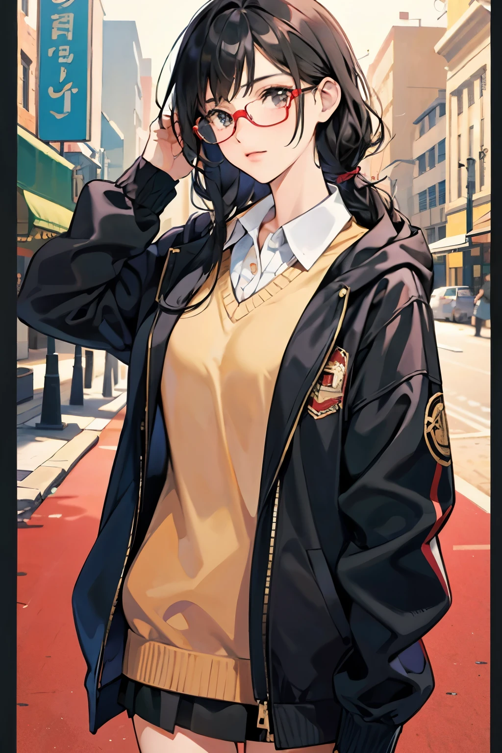 high school girl, Chairman, Glasses, Black Hair, , Face facing forward