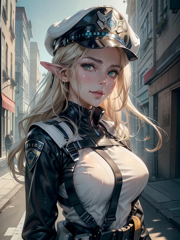 masterpiece, Highest quality, Highly detailed CG Unity 8K wallpapers,((whole body)), ((Future City)), (Long pointy ears), (Elegant wavy platinum blonde hair), (A toned and slender body), ((Self-illuminating skin)), (((Black police uniform on white: 1.2, Full Harness, Equipment Belt))), (She has a gun), (Geometric hat), (Sweaty, Wet white skin), (In front of a police car), (blush), (Captivating smile), (so beautiful, Symmetrical face), (Detailed and beautiful green eyes), fine grain, Key Art, Awards, intricate detail realism hdr, Photorealism, Hyperrealism, Ultra-realistic, Dramatic Light, Nice views, Written boundary depth