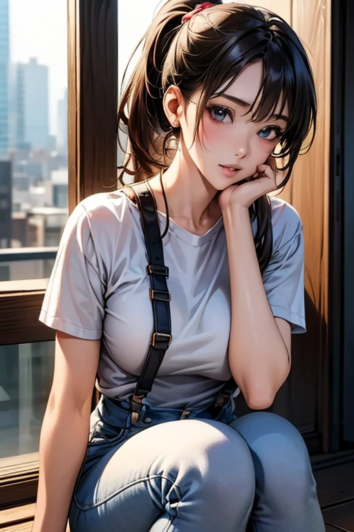 ((Highest quality)),(超High resolution),(Very detailed),(Detailed Description),((The best CG)),(masterpiece),Ultra-detailed art、(Highest quality、8k、32K、masterpiece)、(Realistic)、(Realistic:1.2)、(High resolution)、Very detailed、Very beautiful face and eyes、1 female、Tight waist、Delicate body、(Highest quality、Attention to detail、Rich skin detail)、(Highest quality、8k、Oil paints:1.2)、Very detailed、(Realistic、Realistic:1.37)、Bright colors、Beautiful Japanese Women、Detailed face、Smooth Skin、Big Breasts、A young woman in her early twenties is shopping in the city. She is wearing a simple logo T-shirt, Pair with high-waisted skinny jeans. At her feet, She is wearing comfortable white sneakers.. She accessorizes with a small leather backpack and a casual cap.. Her hair is in a loose ponytail, She wears natural make-up with a hint of pink on her lips.. The overall atmosphere is relaxed and trendy., A perfect day for shopping.