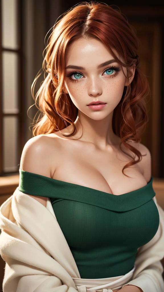 (a young adult woman:redhead:side part hairstyle:bright green eyes:looking straight forward:dimples:pink roses:floral:beautiful:thick body:chubby:oil painting:ultra-detailed, realistic, photorealistic:studio lighting:vivid colors:warm color tones) Victoria Justice,