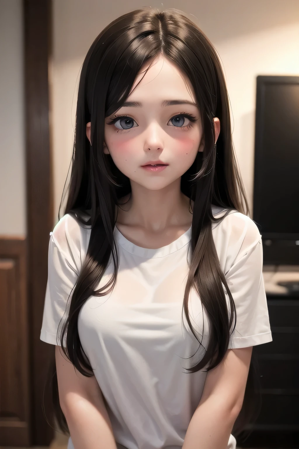Sexy and cute woman, black brown hair, long hair, straight hair, weak eyes, blushing intensely, lips parted, ready to kiss, long oversized white shirt