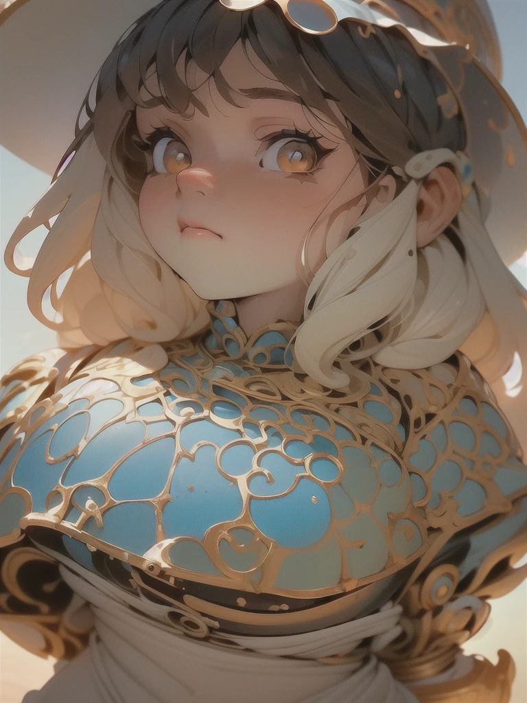 (best qualityer, work of art: 1.3), A stunning masterpiece of a Russian doll named Lora, with intricately detailed features, (a girl: 1.6), (best qualityer: 1.2), (high resolution: 1.3), Highly detailed texture of face and skin, with expressive, double eyelids and beautifully discolored skin, far away, parted hair cascading down the back, (Round face: 1.4), with a blue sky and white clouds as a backdrop, with the horizon line framing a serene sea below. Captivating image is captured from a behind-the-hip shooting angle, also known as cowboy shot