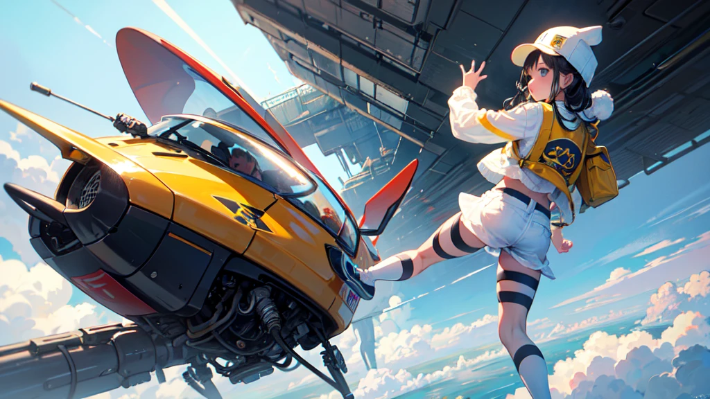 akira toriyama style、"cute, beautiful, Adorable girl in white clothes, yellow, Baby blue color scheme, Fashionable hats, rock, beautiful見た目, Floating in the sky, Fantastic depiction, Floating in the air, Uplifting, Speed, Machine City, cyber punk, Back view, I can&#39;t see your face, back, back, Pop anime style, Delicate depiction, Ultra delicate