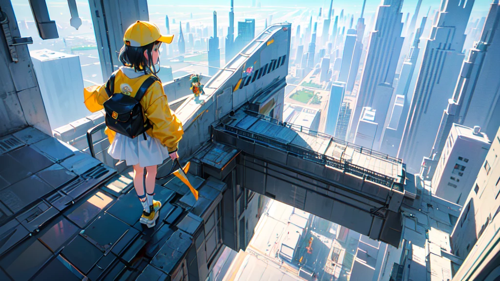 akira toriyama style、"cute, beautiful, Adorable girl in white clothes, yellow, Baby blue color scheme, Fashionable hats, rock, beautiful見た目, Floating in the sky, Fantastic depiction, Floating in the air, Uplifting, Speed, Machine City, cyber punk, Back view, I can't see your face, back, back, Pop anime style, Delicate depiction, Ultra delicate