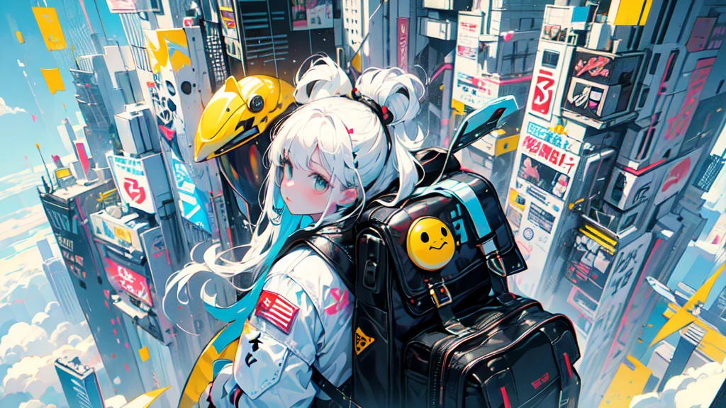 akira toriyama style、"cute, beautiful, Adorable girl in white clothes, yellow, Baby blue color scheme, Fashionable hats, rock, beautiful見た目, Floating in the sky, Fantastic depiction, Floating in the air, Uplifting, Speed, Machine City, cyber punk, Back view, back, back, Pop anime style, Delicate depiction, Ultra delicate