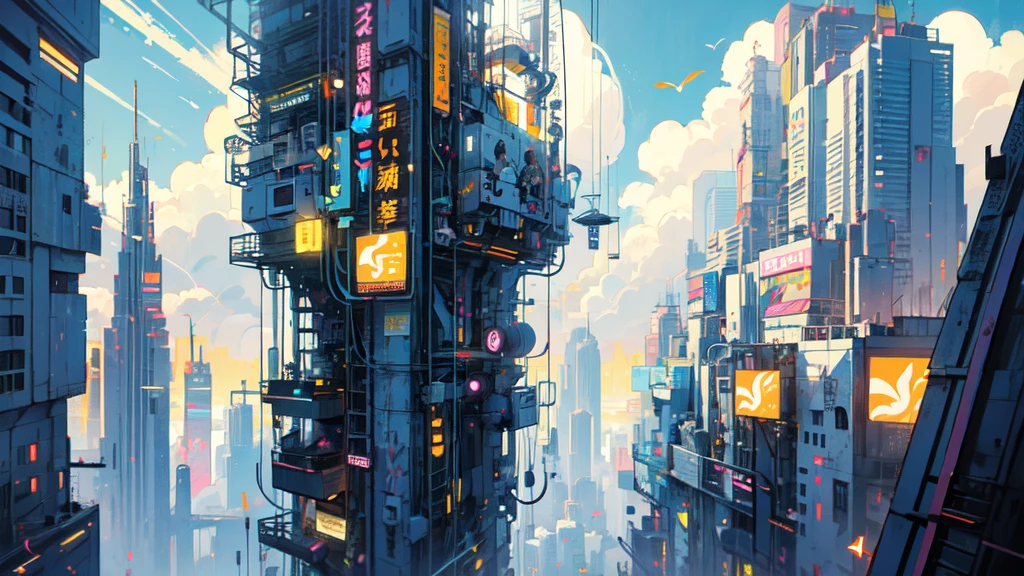 akira toriyama style、"cute, beautiful, Adorable girl in white clothes, yellow, Baby blue color scheme, Fashionable hats, rock, beautiful見た目, Floating in the sky, Fantastic depiction, Floating in the air, Uplifting, Speed, Machine City, cyber punk, Back view, back, back, Pop anime style, Delicate depiction, Ultra delicate