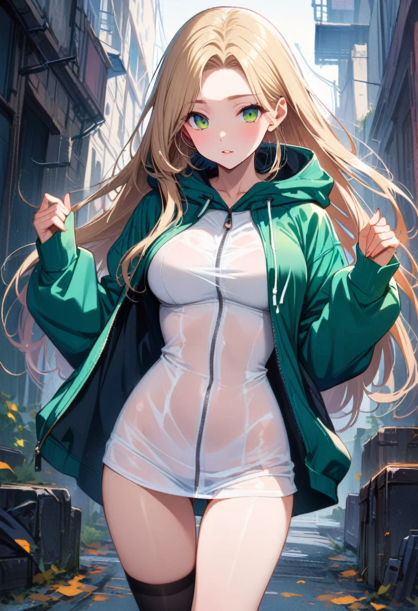 Browsing Caution,((Perfect Anatomy:1.5,Realistic,:1.3,RAW Photos:1.3,masterpiece、Highest quality、Ultra - High resolution、High resolution、Extremely detailed CG、8k)),(((low-angle view)))、Cowboy Shot,1 female,alone,20 year old beauty,(Beautiful and exquisite face and eyes,Big and beautiful eyes),Bright green eyes,(Blonde,ponytail,Long Hair,bangs),(Large Breasts,Slender body,Small Head,skinny, Glowing Skin,Oily skin,Glowing Skin),walk,((See-through,See-through,There is a zipper in front,Light green hooded sweatshirt,Oversized hooded sweatshirt,Long sleeve,black_Knee socks,No underwear,Not wearing panties,Mansuji,Open the front of the dress