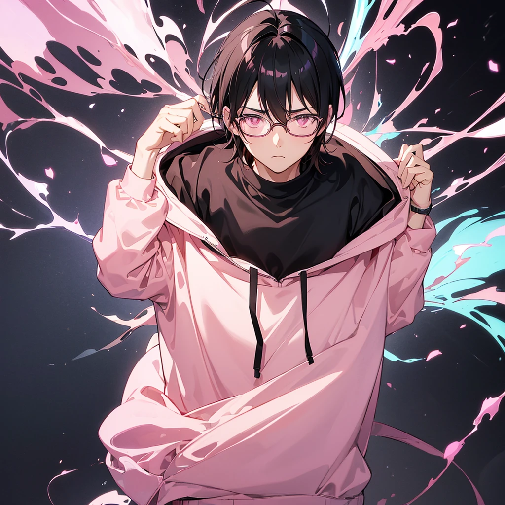 1 anime boy ((pink sweatshirt, Bblack hair, eyes browns, wearing glasses)), Grieving, black backdrop, looking straight ahead, ((best qualityer)), Arte estilo de anime, Backwards looking back