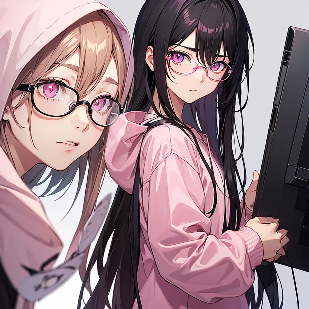1 anime boy ((pink sweatshirt, Bblack hair, eyes browns, wearing glasses)), Grieving, black backdrop, looking straight ahead, ((best qualityer)), Arte estilo de anime, Backwards looking back