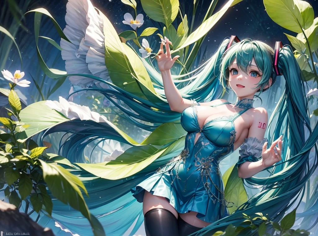 Full body description､Hatsune Miku singing in a shining blue and green forest､The background is dotted with glowing mushrooms and glowing plants.、Soap bubbles are flying around Hatsune Miku､The costumes are designed with forest elements、The ground is accented with leaves and flowers.､The sunlight from the sky shines on her like a spotlight。Wearing a light blue dress､Anatomically correct body､((Large Breasts))､long slender legs､White skin､Hatsune Miku is reaching out to a little fairy flying in front of her､