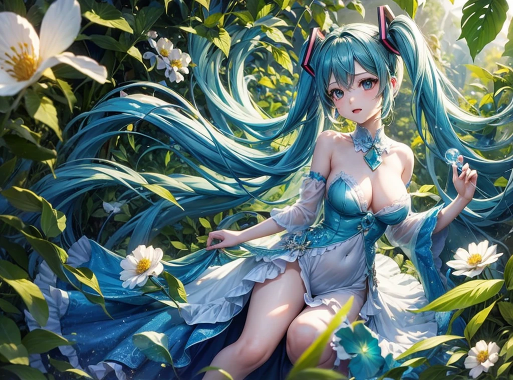 Full body description、Hatsune Miku singing in a shining blue and green forest、The background is dotted with glowing mushrooms and glowing plants.、Soap bubbles are flying around Hatsune Miku、The costumes are designed with forest elements、The ground is accented with leaves and flowers.、The sunlight from the sky shines on her like a spotlight。Wearing a light blue dress、Anatomically correct body、((Large Breasts))、long slender legs、White skin、Hatsune Miku is reaching out to a little fairy flying in front of her、