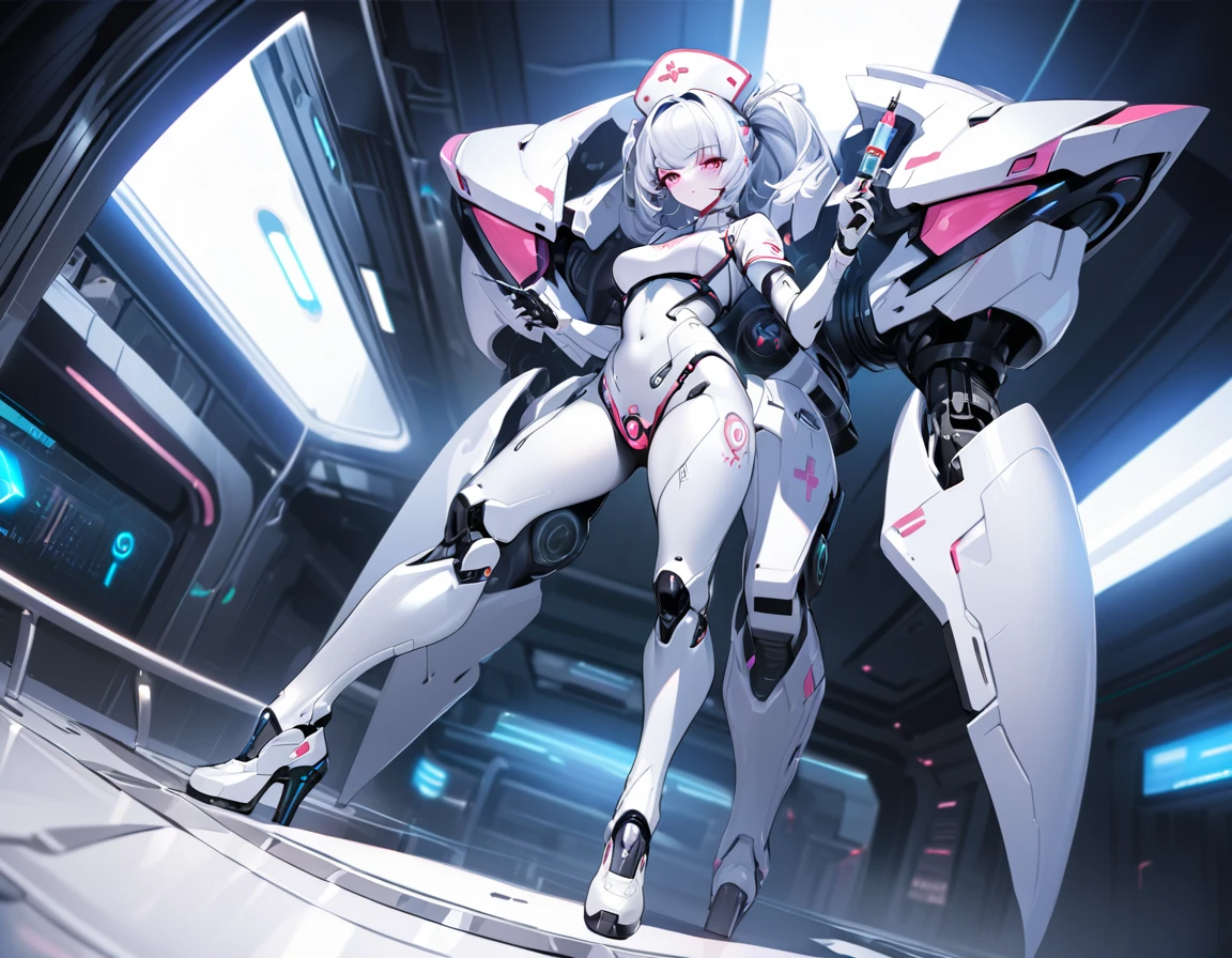 a picture of mech nurse in a futuristic hospital, exquisite beautiful nurse,  dynamic hair style, ((full body shot: 1.5)), ((anatomically correct: 1.5)), (ultra detailed face: 1.2), best detailed face, wearing white nurse robes, white pants, white high heels, delicate mechanical parts, (she holds a syringe: 1.3), cyberpunk hospital background, vibrant, Hyperrealism style, vibrant, Ultra-high resolution, High Contrast, (masterpiece:1.5), highest quality, Best aesthetics), best details, best quality, highres, ultra wide angle, 16k, [ultra detailed], masterpiece, best quality, (extremely detailed) RAW, mecha