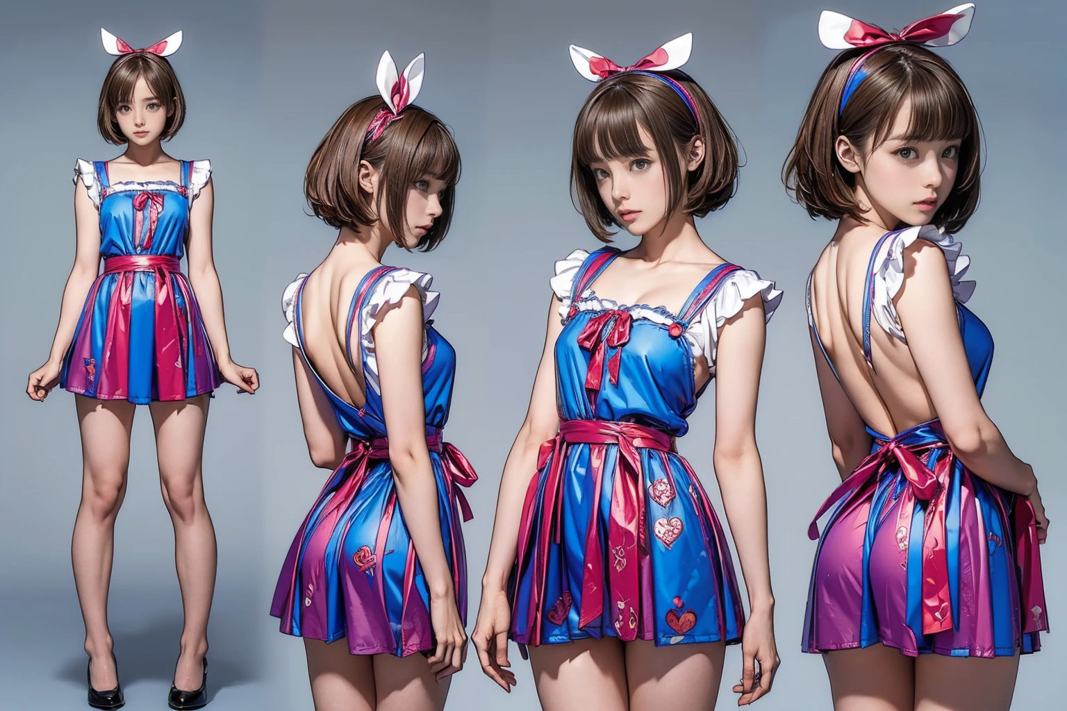 ((masterpiece)),(((Highest quality))),((Reference Sheet, Character Design, front, return, ~ ~ ~ ~ side, short hair, Mr....々performance, Facial Expressions)), 14-year-old girl, Cute type, (Very slim:1.4), (Very small ass:1.4), Realistic buttocks, Big Breasts, Short Bob, Thin thighs, Long legs, It's not a big deal, ((Alice in Wonderland, wearing a large ribbon on your head,,,,))