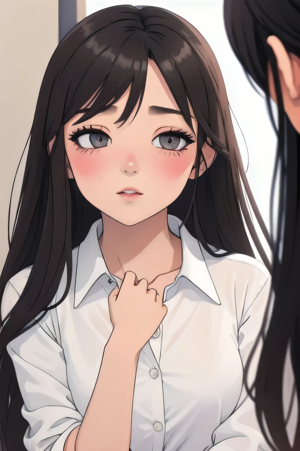 Sexy and cute woman, black brown hair, long hair, straight hair, weak eyes, blushing intensely, lips parted, ready to kiss, long oversized white shirt