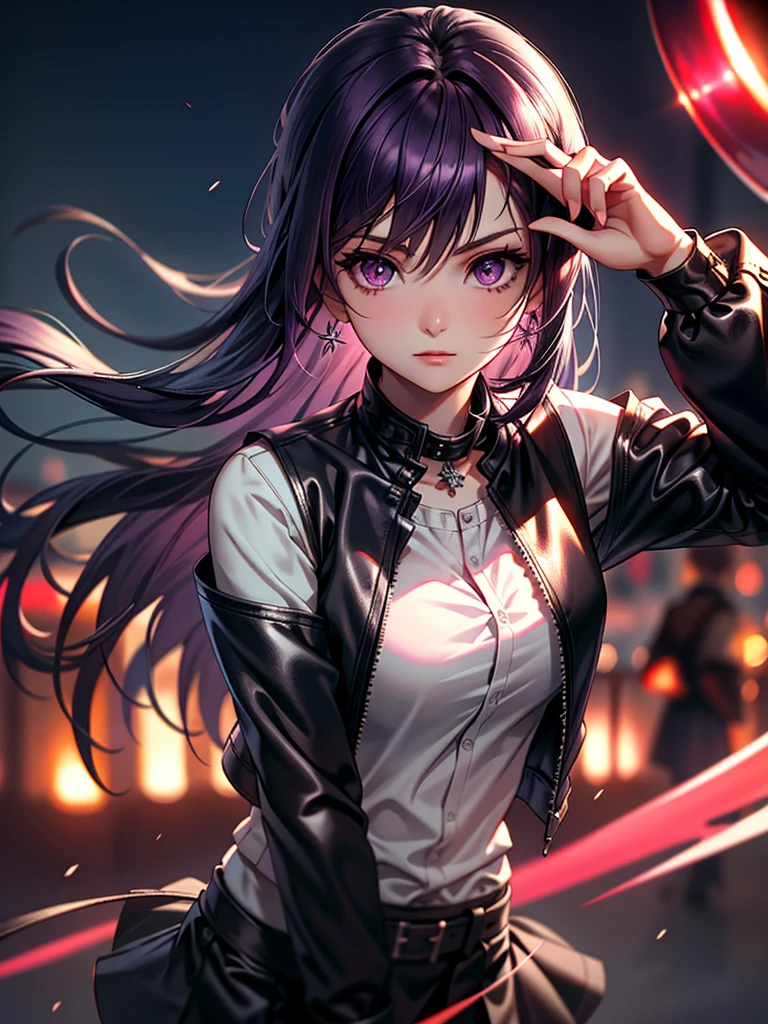 (Best Quality:1.1), (masterpiece:1.2), high quality shade, Beautiful details, beautiful face, detailed eyes, depth of field, high resolution, best shadow, better light, 1 girl, see the audience, Shiny purple hair, seeds, disaffiliated, by the wide, ruby pink eyes, Shy, very big breasts, pipe, Single strap shirt, black leather jacket, black leather skirt, mesa, vase, liquor bottle, evening, crack, eyes, pub bar background, attractive woman, Cold, point of view, cool woman ,ear jewelry, Session