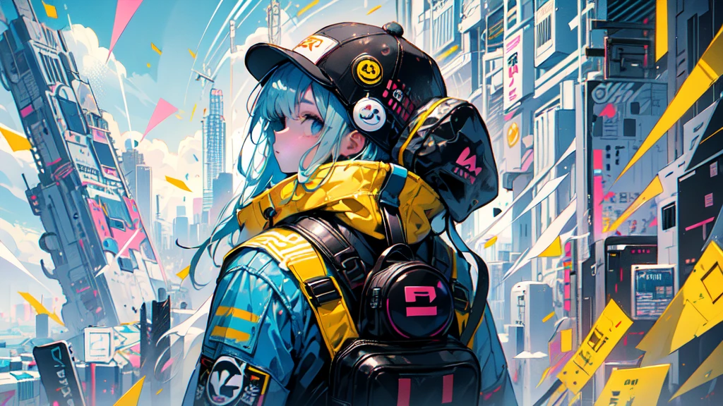 akira toriyama style、"cute, beautiful, Adorable girl in white clothes, yellow, Baby blue color scheme, Fashionable hats, rock, beautiful見た目, Floating in the sky, Fantastic depiction, Floating in the air, Uplifting, Speed, Machine City, cyber punk, Back view, back, back, Pop anime style, Delicate depiction, Ultra delicate