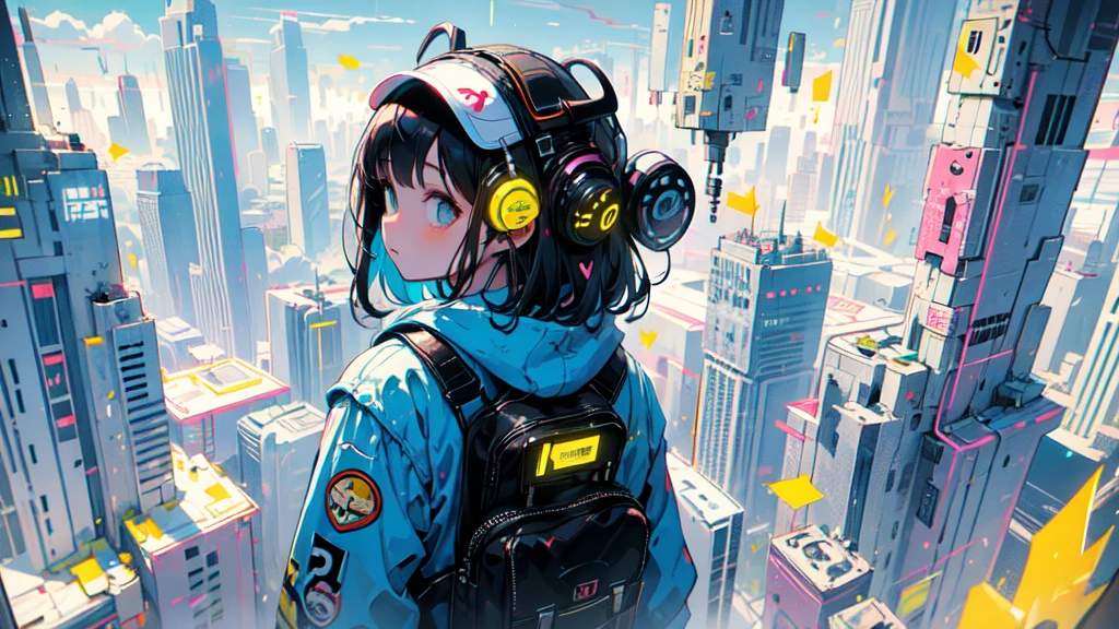 akira toriyama style、"cute, beautiful, Adorable girl in white clothes, yellow, Baby blue color scheme, Fashionable hats, rock, beautiful見た目, Floating in the sky, Fantastic depiction, Floating in the air, Uplifting, Speed, Machine City, cyber punk, Back view, back, back, Pop anime style, Delicate depiction, Ultra delicate