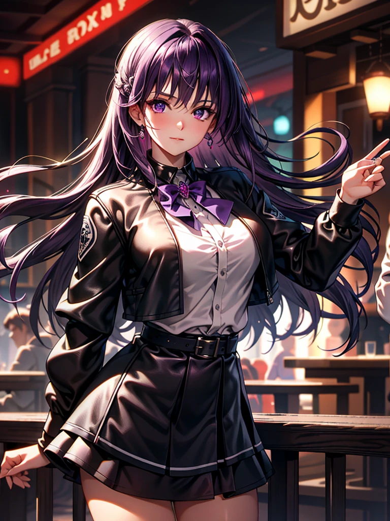 (Best Quality:1.1), (masterpiece:1.2), high quality shade, Beautiful details, beautiful face, detailed eyes, depth of field, high resolution, best shadow, better light, 1 girl, see the audience, Shiny purple hair, seeds, disaffiliated, by the wide, ruby pink eyes, Shy, very big breasts, pipe, Single strap shirt, black leather jacket, black leather skirt, mesa, vase, liquor bottle, evening, crack,  eyes, pub bar background, attractive woman, Cold, point of view, cool woman ,ear jewelry, Session
