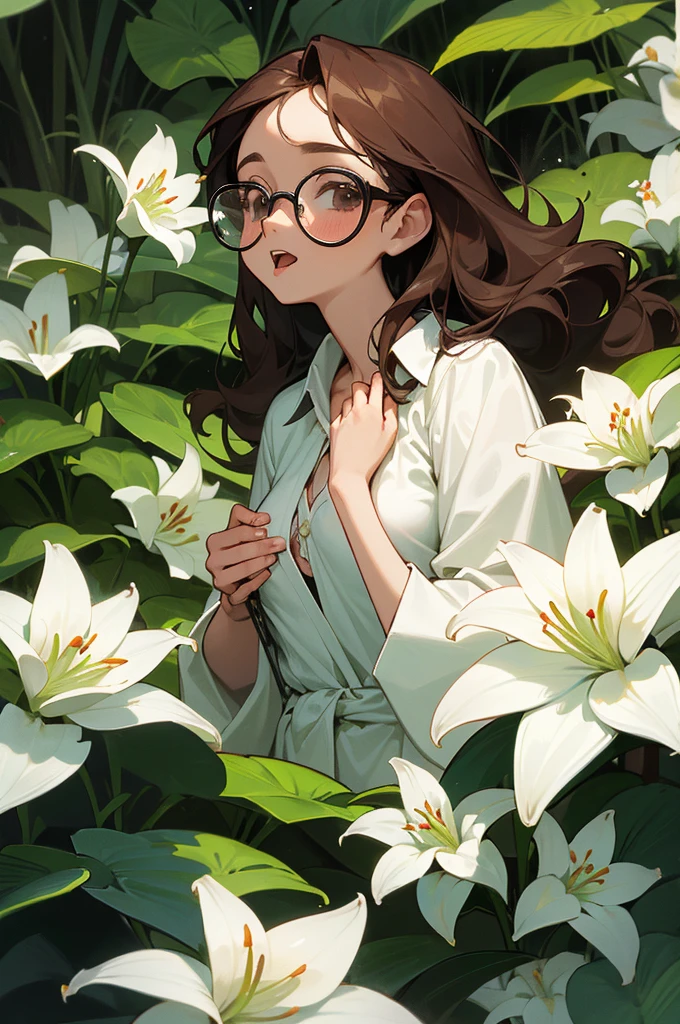(a woman and an exotic plant in a forest) full image, a young female botanist, long wavy brown hair with glasses, her mouth slightly open, drool flowing from her mouth, a surprised but happy woman, a big breast , blouse a little open, look near a white lily, in an exotic forest, (a plant with a big white lily), ((the flower hypnotizes the woman)),  on this white shirt on the chest, woman to sexually exit, a herb with a small needle coming out of the plant comes to prick the woman's nipples, big 
