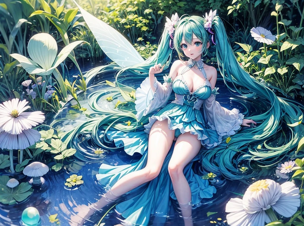 Full body description､Hatsune Miku singing in a shining blue and green forest､The background is dotted with glowing mushrooms and glowing plants.、Soap bubbles are flying around Hatsune Miku､The costumes are designed with forest elements、The ground is accented with leaves and flowers.､The sunlight from the sky shines on her like a spotlight。Wearing a light blue dress､Anatomically correct body､((Large Breasts))､long slender legs､White skin､Hatsune Miku is reaching out to a little fairy flying in front of her､