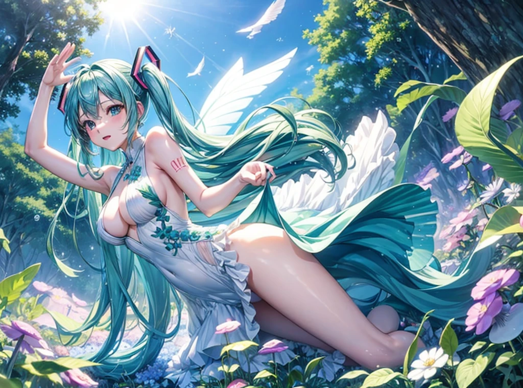 Full body description、Hatsune Miku singing in a shining blue and green forest、The background is dotted with glowing mushrooms and glowing plants.、Soap bubbles are flying around Hatsune Miku、The costumes are designed with forest elements、The ground is accented with leaves and flowers.、The sunlight from the sky shines on her like a spotlight。Wearing a light blue dress、Anatomically correct body、((Large Breasts))、long slender legs、White skin、Hatsune Miku is reaching out to a little fairy flying in front of her、