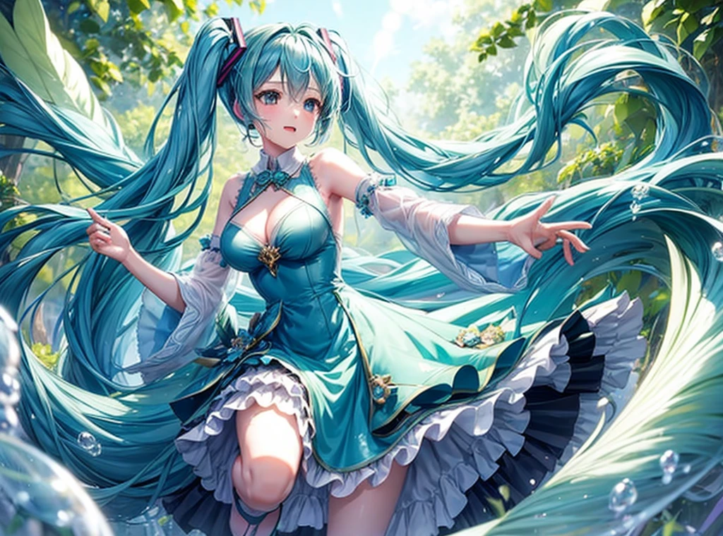Full body description、Hatsune Miku singing in a shining blue and green forest、The background is dotted with glowing mushrooms and glowing plants.、Soap bubbles are flying around Hatsune Miku、The costumes are designed with forest elements、The ground is accented with leaves and flowers.、The sunlight from the sky shines on her like a spotlight。Wearing a light blue dress、Anatomically correct body、((Large Breasts))、long slender legs、White skin、Hatsune Miku is reaching out to a little fairy flying in front of her、