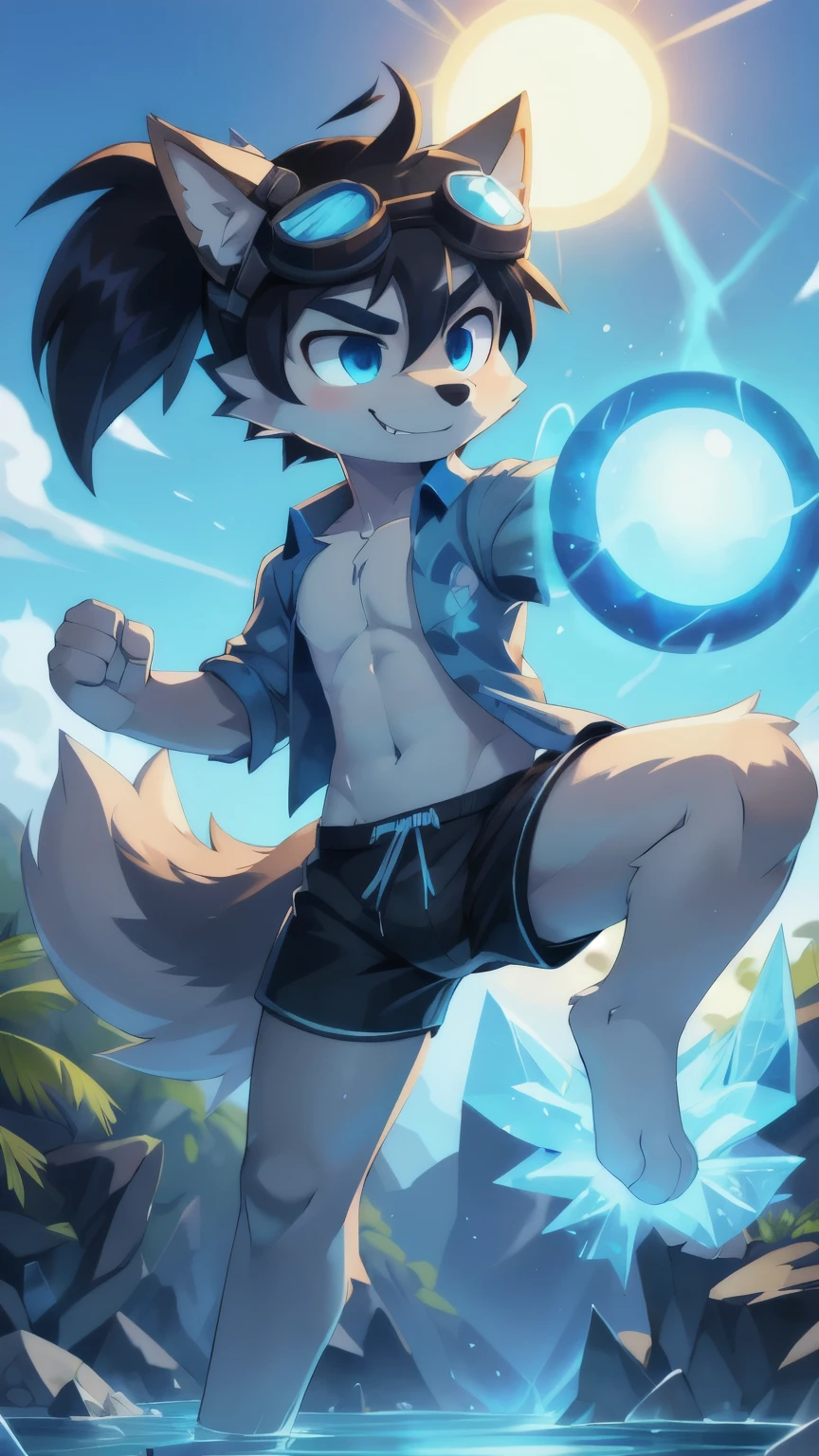 score_9,score_8_up,score_7_up, source_cartoon, source_furry, Furry shota, wolf, black hair, long spiky ponytail, blue eyes, detailed body fur, ((goggles, blue hawaiian shirt, open clothes, black swim trunks)), looking at another, fangs, clear grey body fur, detailed face, big eyebrows, detailed eyes, detailed body, detailed body fur, detailed hands, glistering body, shiny body, skinny, full body, feets with three toes, 3 toes, solo, :3, glowing blue eyes, from above, motion blur, sexy,, smirk, beach, clear sky, standing one leg up, ((aura & energy ball, ice energy, blue aura surrounded all body, fight stance)),