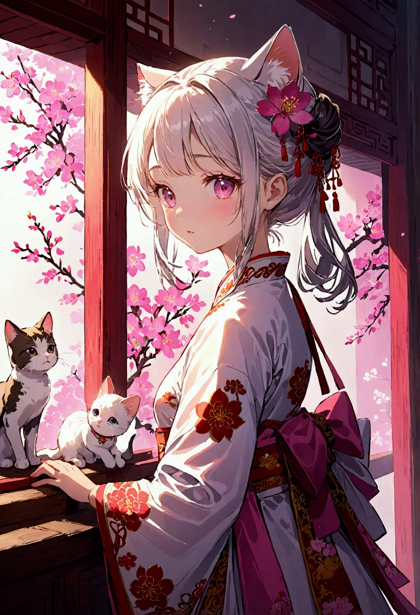 There is a cartoon girl in a dress, China dress, Hanbok apron, Chinese Costume, Chinese traditional clothing, Close-up - view, Hanbok, wearing ancient Chinese Costume, with ancient Chinese Costume, palace, Girl in Hanfu, White Hanfu, China dress, Kitten with pink flowers, Shadow Room, Light Edge, Two-tone lighting, (Skin with attention to detail: 1.2), 8kウルトラHD, Digital SLR, Soft Light, high quality, Volumetric lighting, Take a sneak peek, photograph, High resolution, 4K, 8k, Background Blur